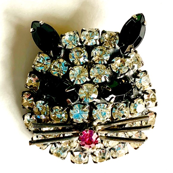Vintage Rhinestone Cat Face Pin 1950s - Picture 1 of 4